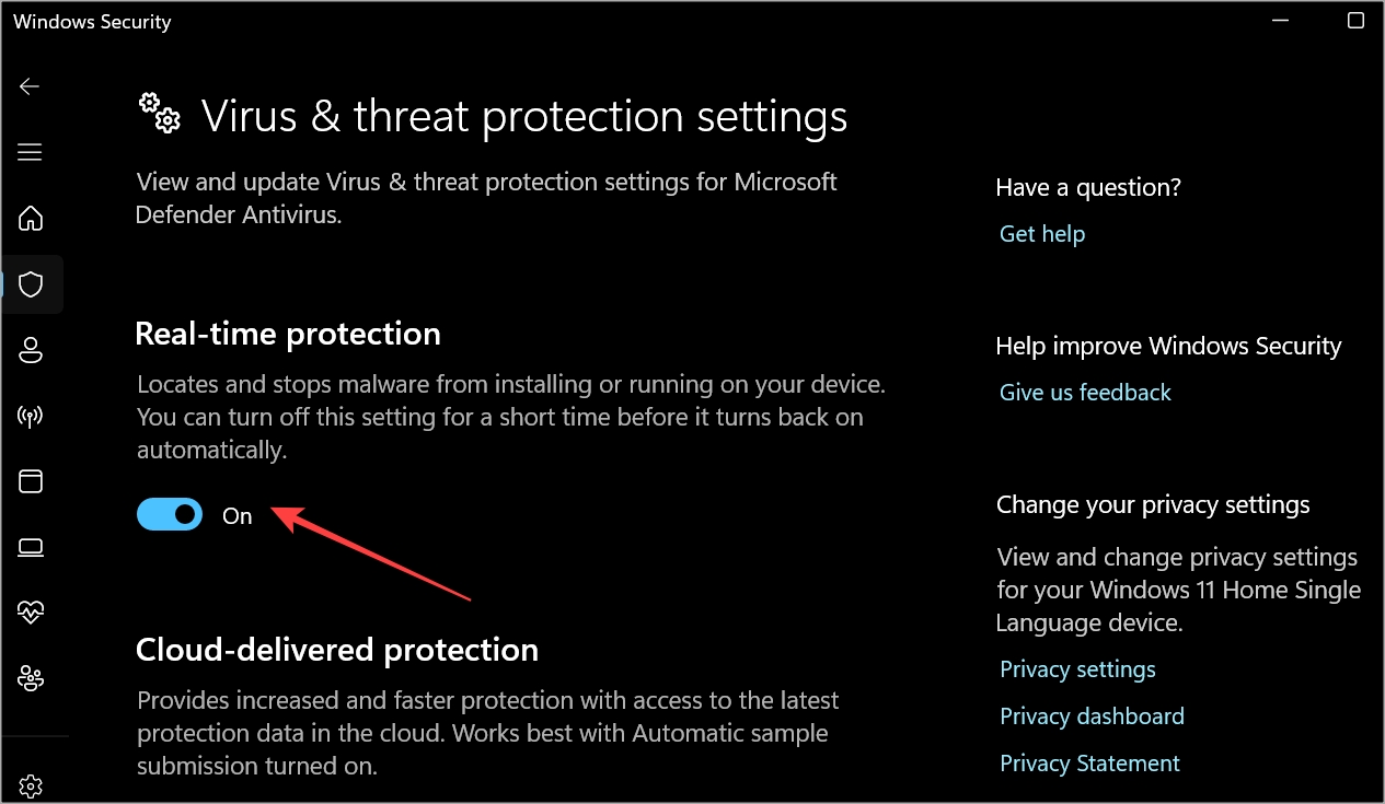отключить защиту в реальном времени в безопасности Windows в Windows
