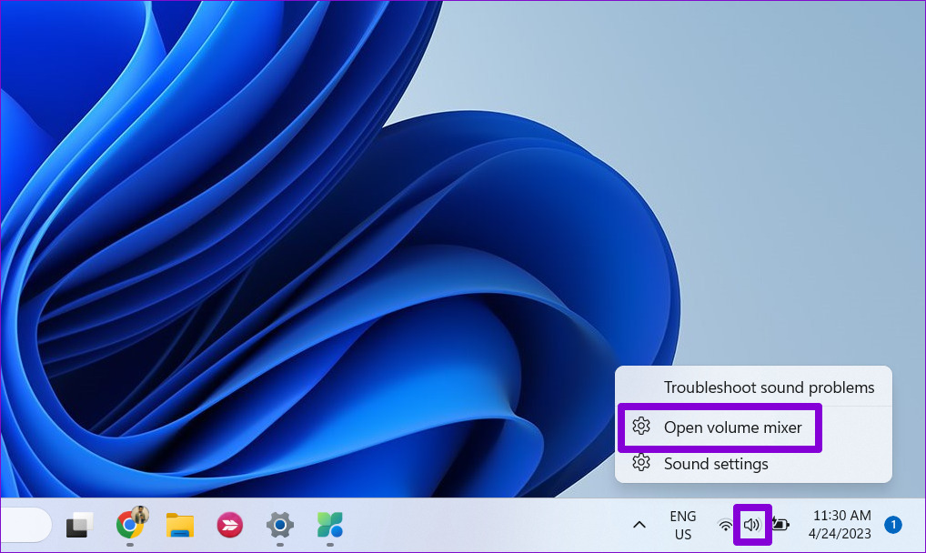 Открыть микшер громкости в Windows 11