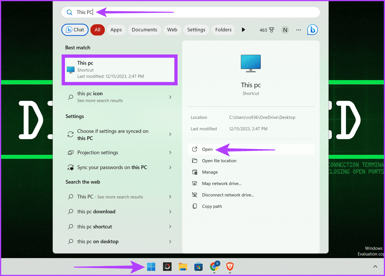 Нажмите Windows S, введите «Этот компьютер» и нажмите «Открыть».