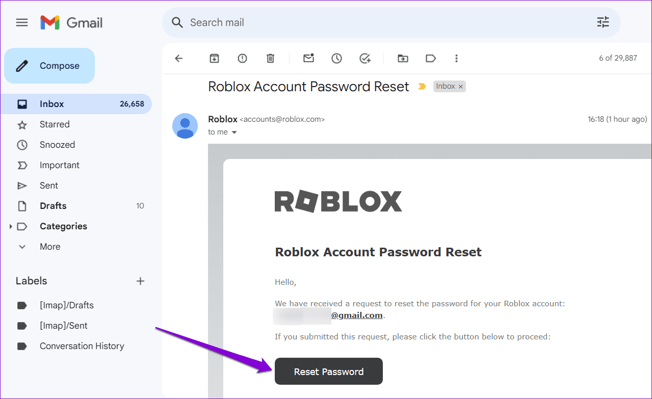 Сбросить пароль учетной записи Roblox по электронной почте