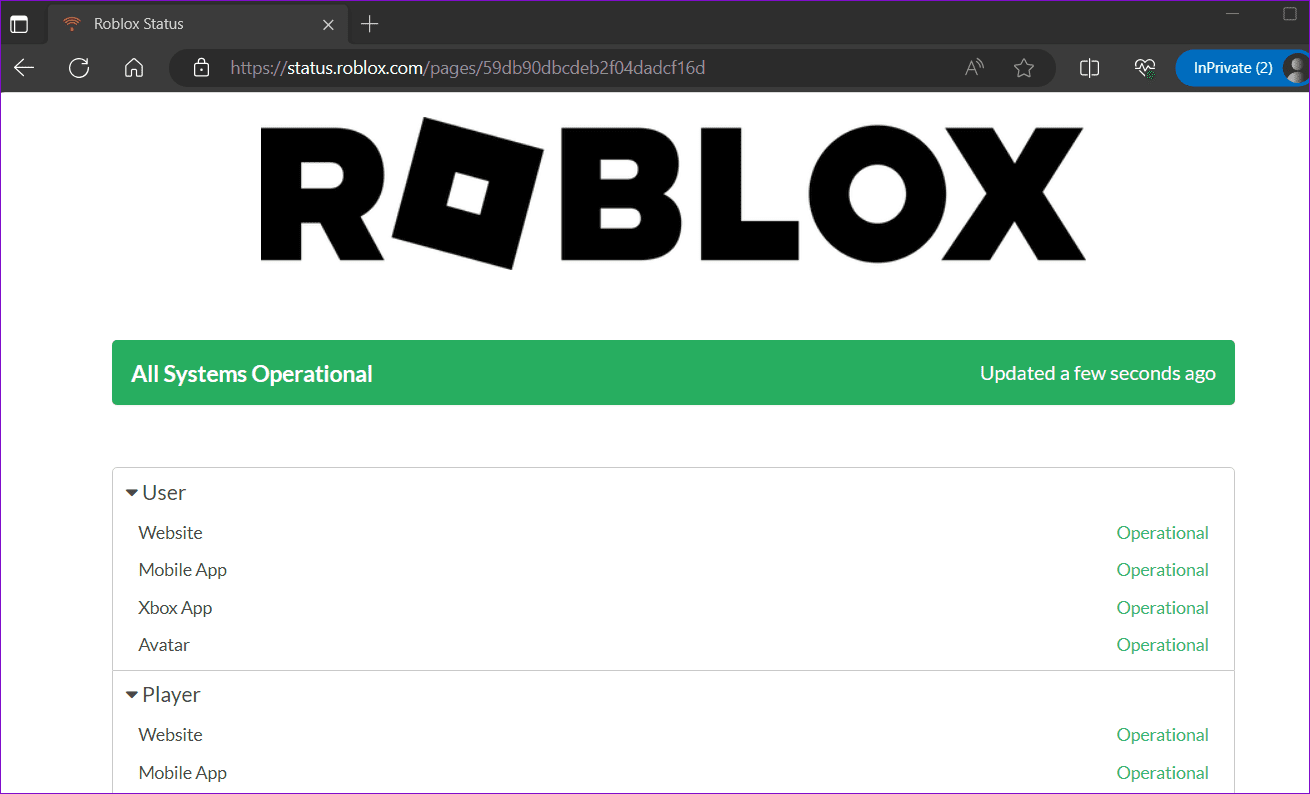 Страница состояния сервера Roblox