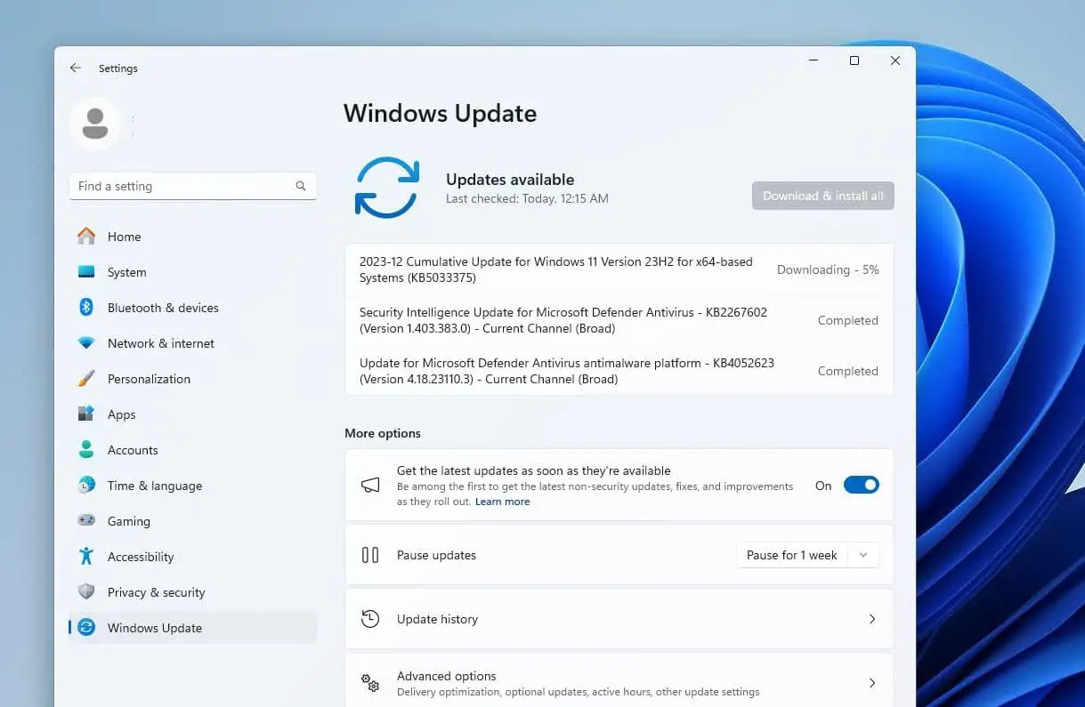 Загрузка обновления Windows 11