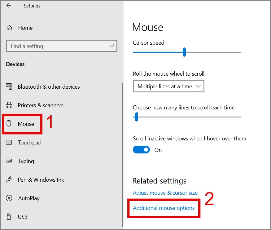 нажмите «Дополнительные параметры мыши» — Windows 10.