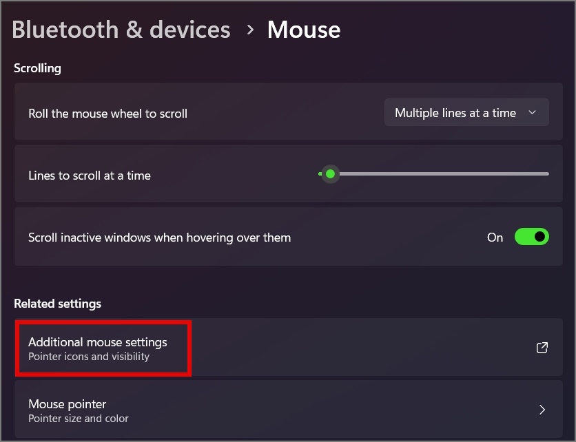 перейдите в Дополнительные настройки мыши Windows 11