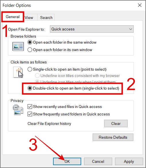 выберите опцию «Двойной щелчок, чтобы открыть элемент» (Windows 10)