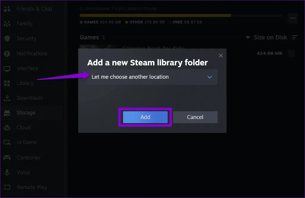 Добавьте каталог в Steam для Windows