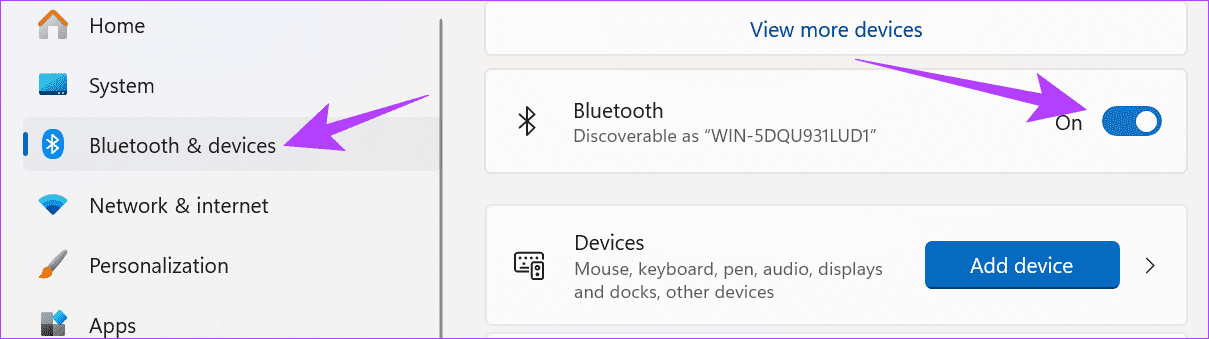 Выберите Bluetooth и устройства, а затем включите Bluetooth.