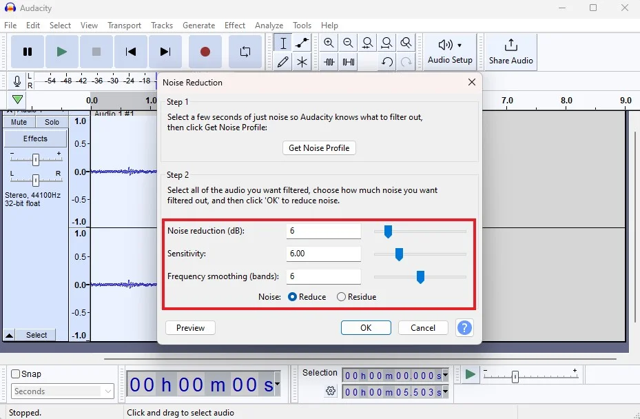 Настройки шумоподавления в Audacity