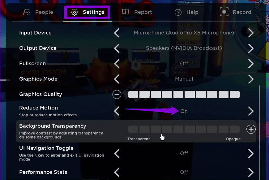 Включите «Уменьшение движения» в Roblox.