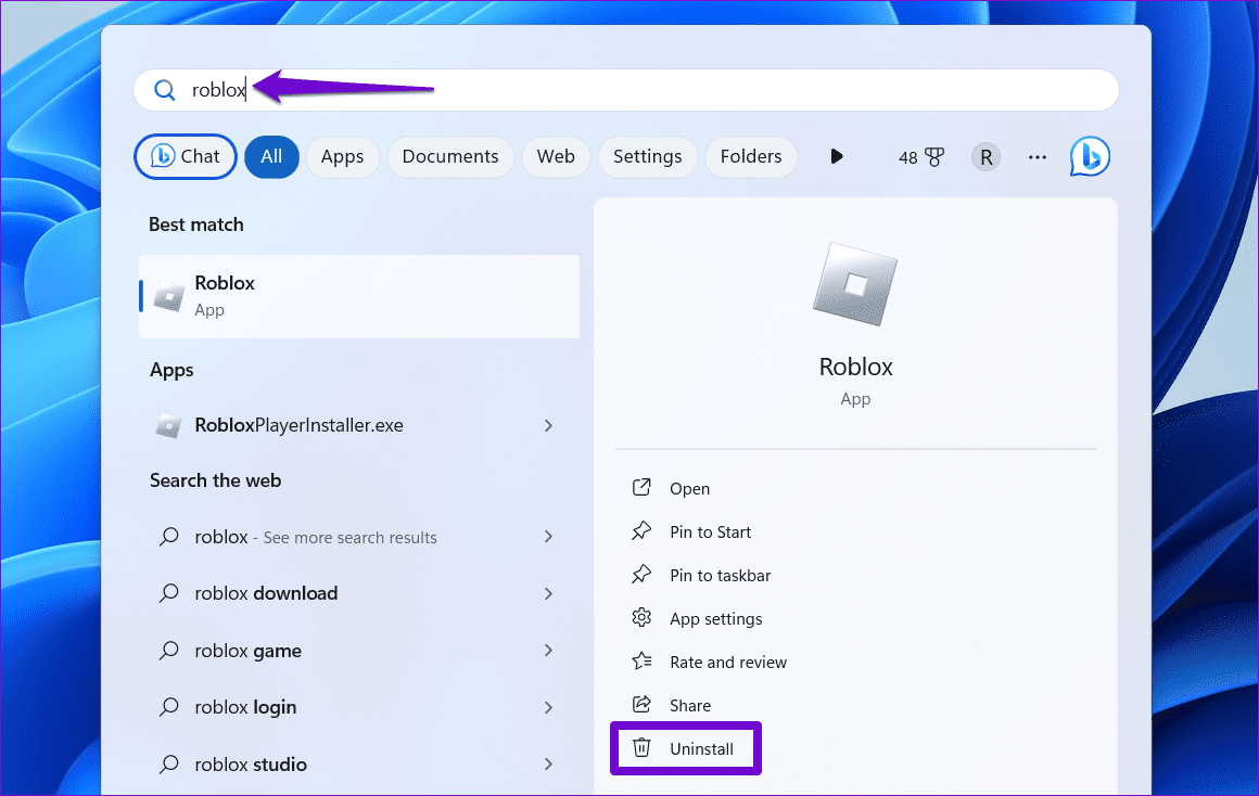 Удалить Роблокс в Windows