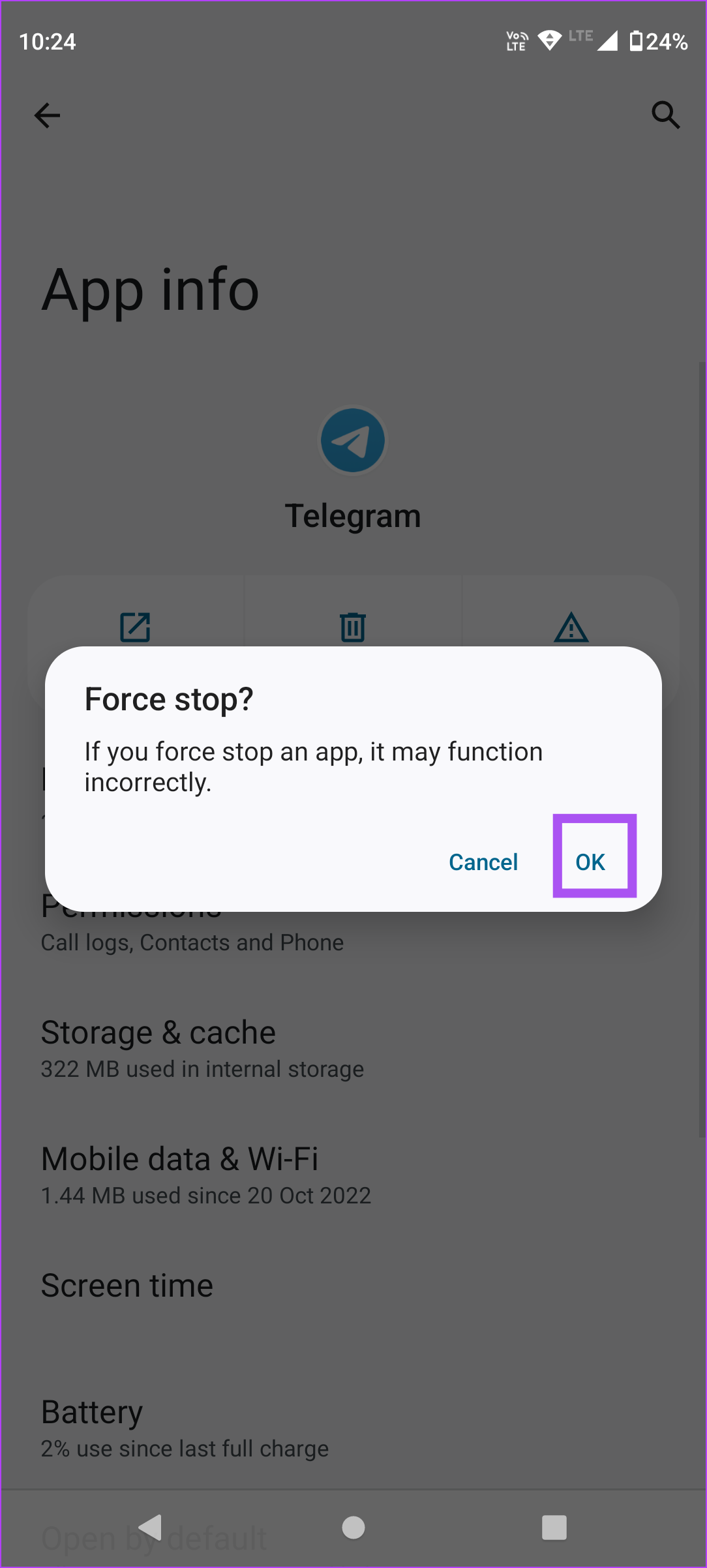 подтвердить принудительную остановку Telegram для Android
