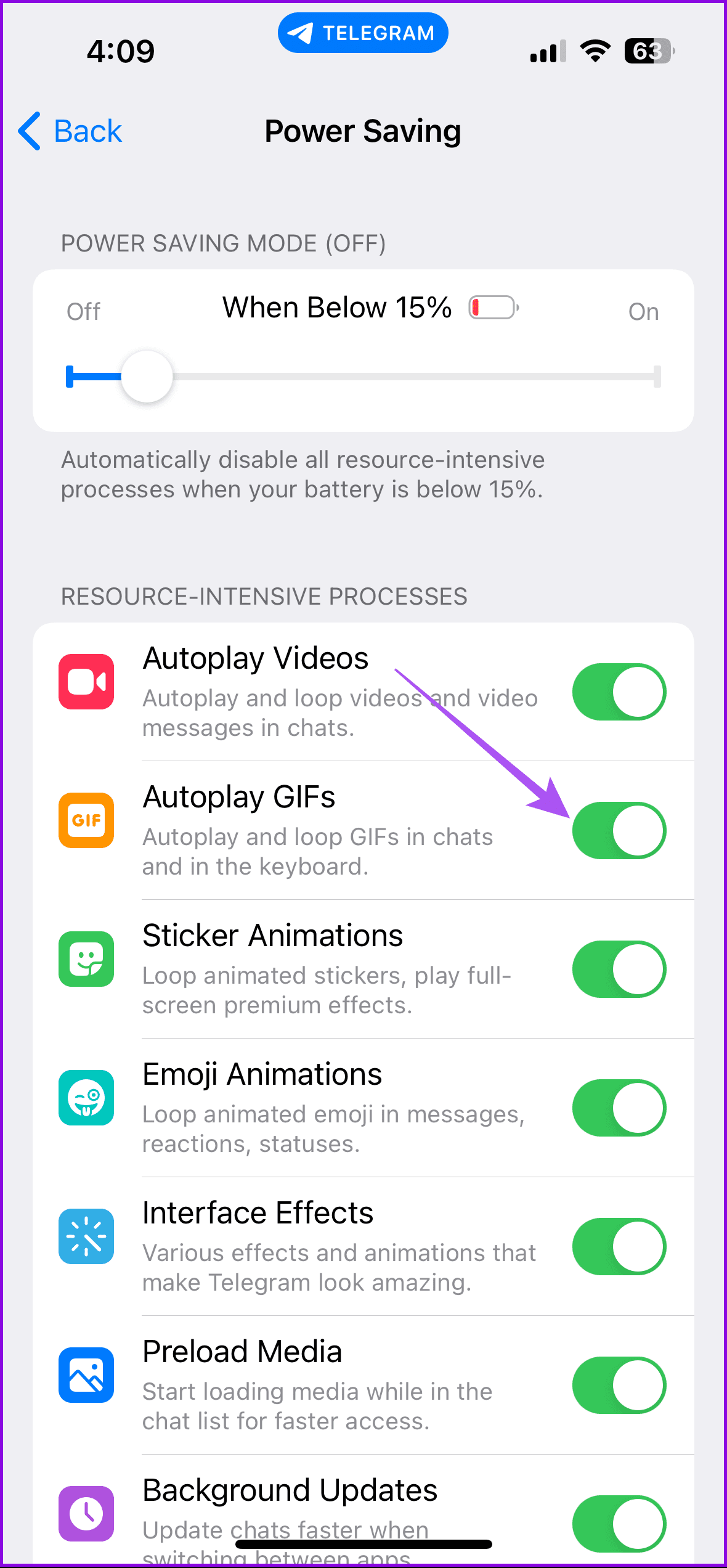 отключить режим энергосбережения для GIF-файлов Telegram