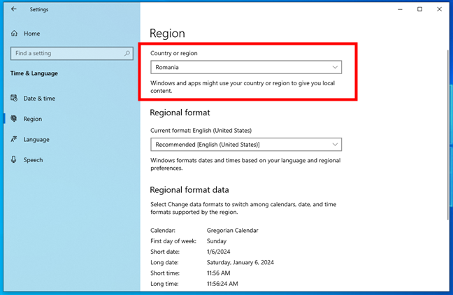 Новая страна/регион, используемая Microsoft Store в Windows 10.