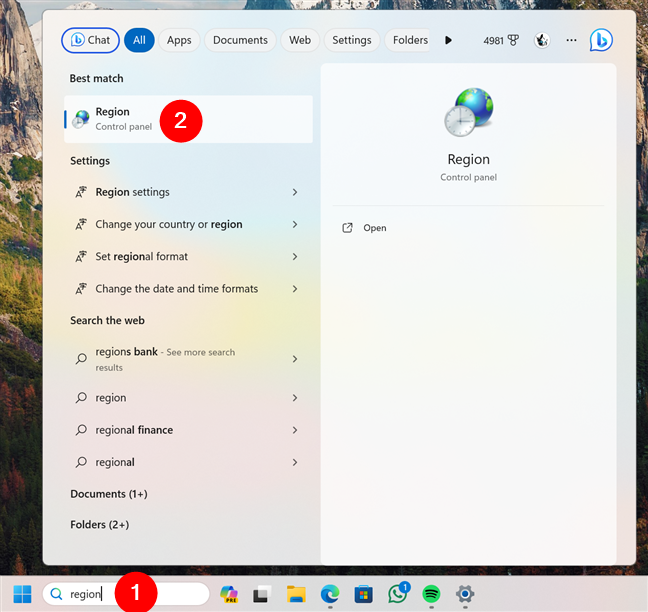 Открыть регион в Windows 11 с помощью поиска