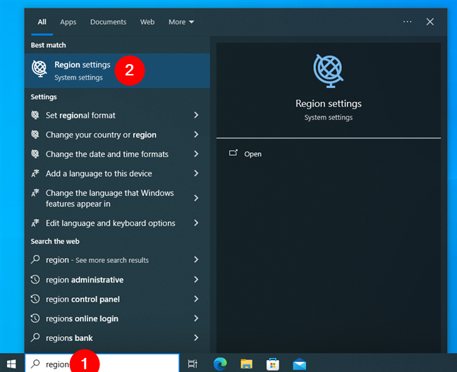 Откройте настройки региона в Windows 10 с помощью поиска