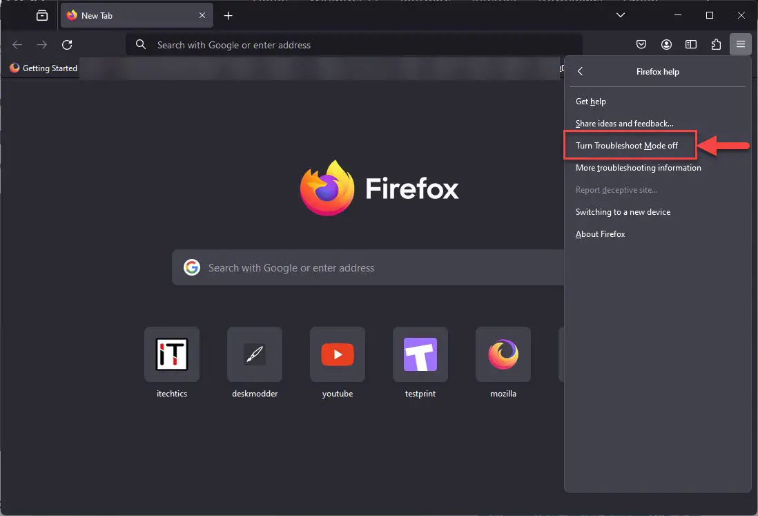 Выйти из режима устранения неполадок Firefox
