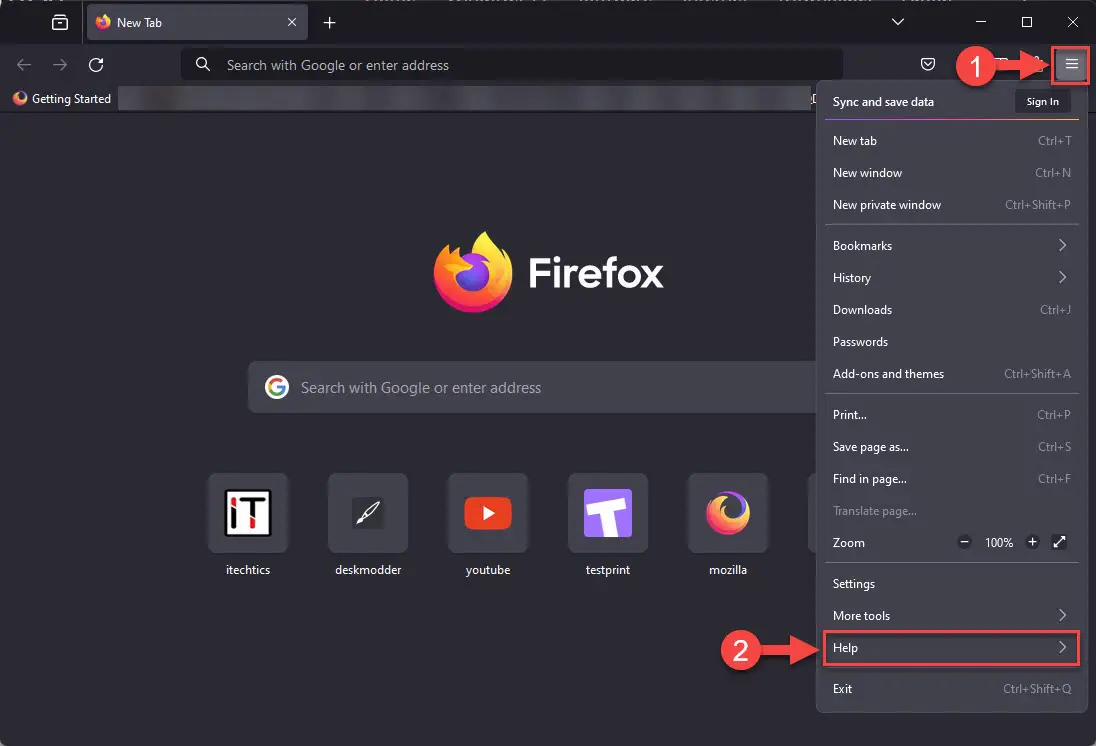 Открыть меню «Справка» в Firefox