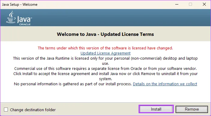 Запустить установку Java 1