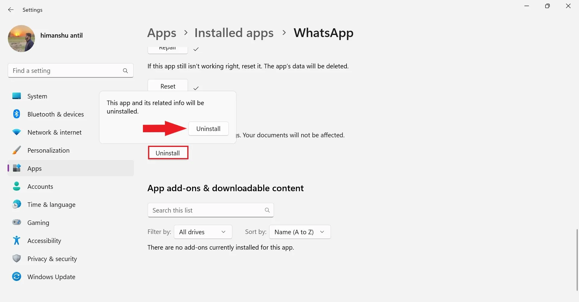 Удаление WhatsApp из Windows 11