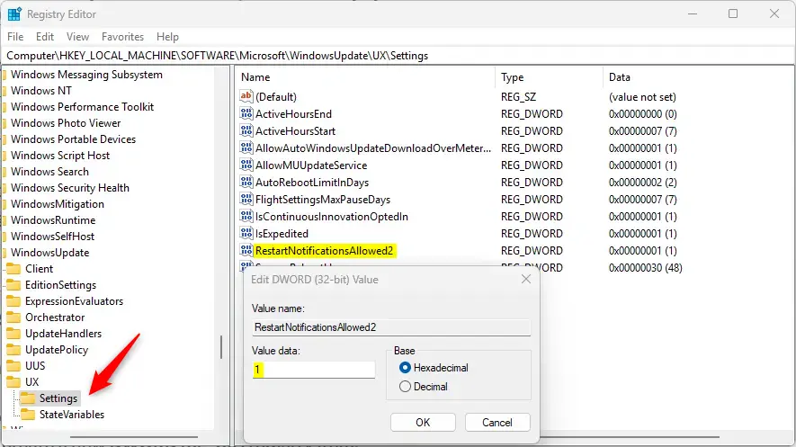 Центр обновления Windows уведомляет, когда требуется перезагрузка, редактор реестра