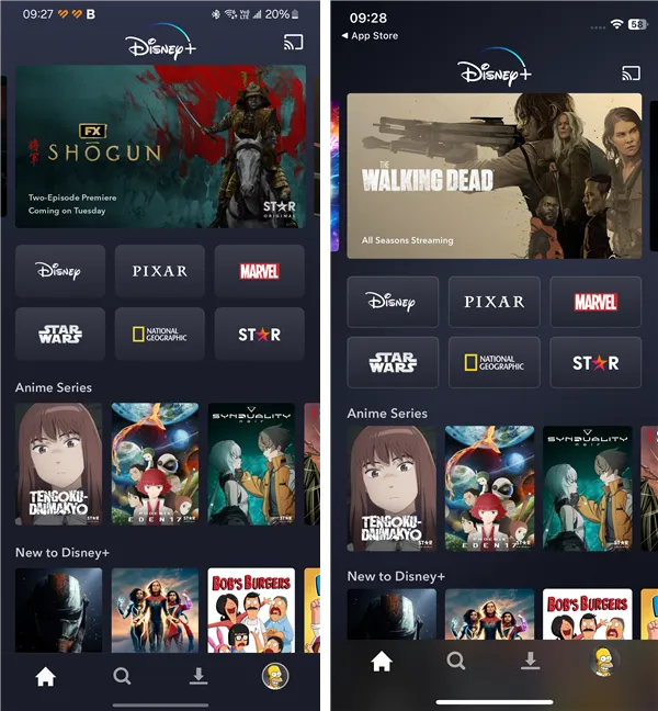 Приложение Disney+ для Android (слева) и то же приложение для iPhone (справа)
