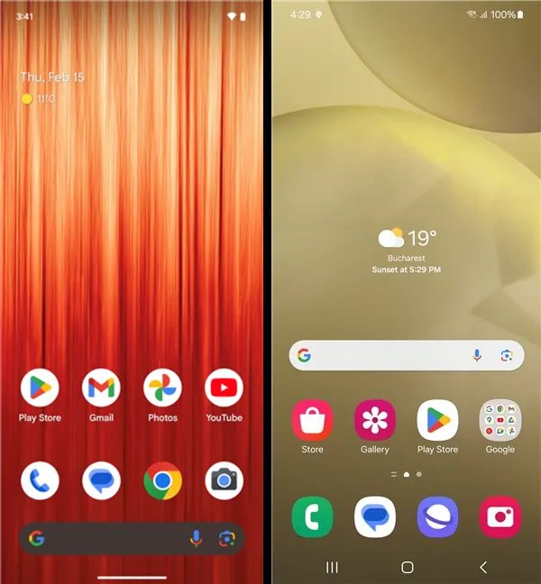 Чистый интерфейс Android 14 (слева) и One UI 6.1 (справа)