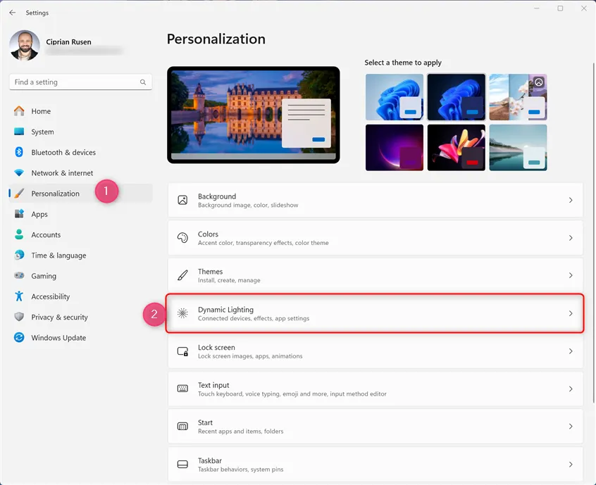 Откройте «Настройки Windows 11» > «Персонализация» > «Динамическое освещение».