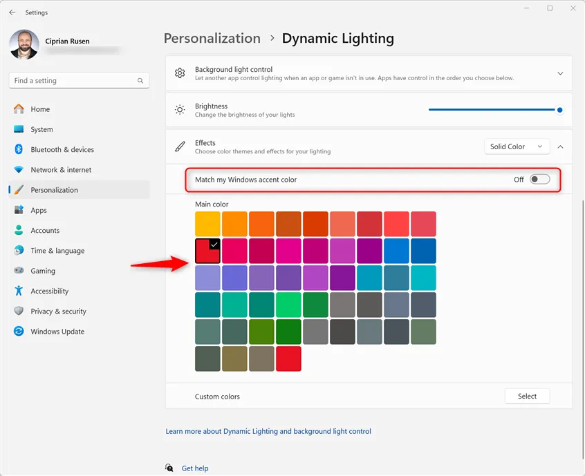 Выберите цвет, который вы хотите использовать для освещения RGB.