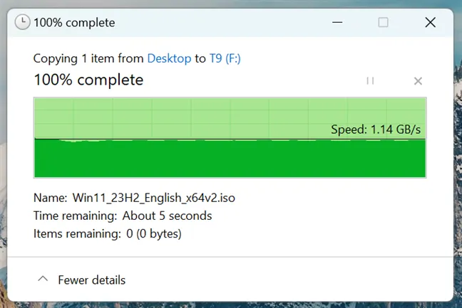 Скорость записи при копировании большого файла на портативный SSD Samsung T9