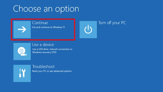 Выберите «Продолжить», чтобы запустить Windows 11 в безопасном режиме с поддержкой сети.