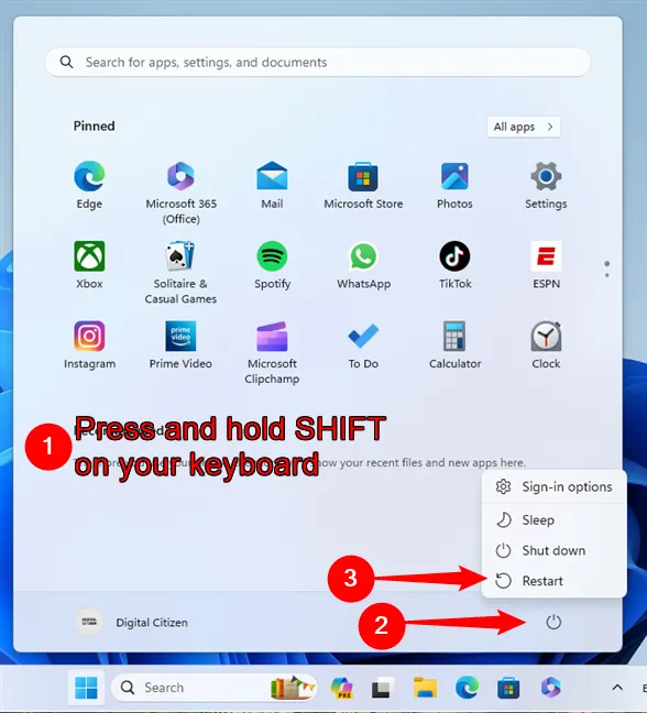 Нажмите Shift и выберите «Перезагрузить», чтобы перейти в безопасный режим Windows 11 с поддержкой сети.