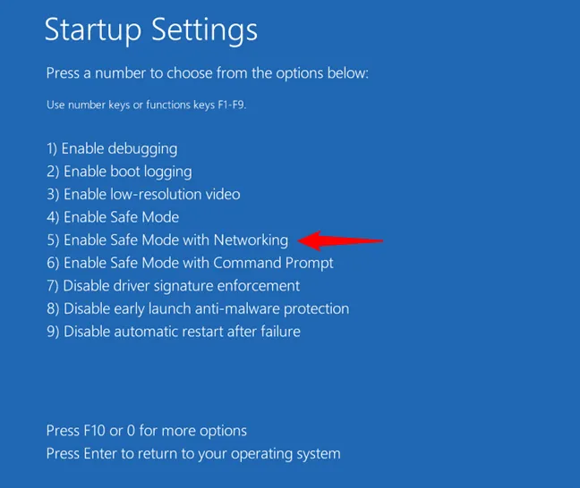 Нажмите 5 или F5, чтобы перезагрузить Windows 11 в безопасном режиме с поддержкой сети.