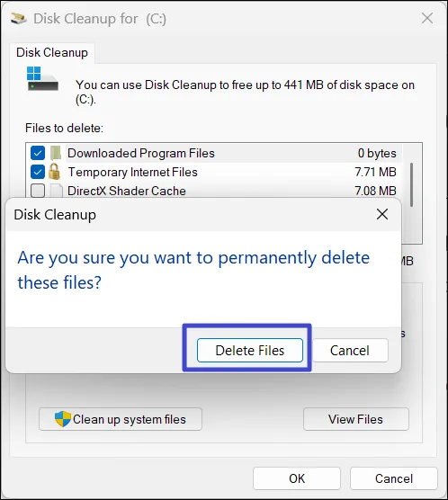 Нажмите «Удалить файлы».