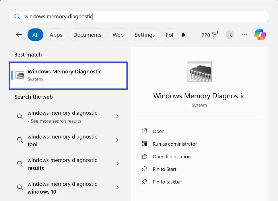 открыть диагностику памяти Windows