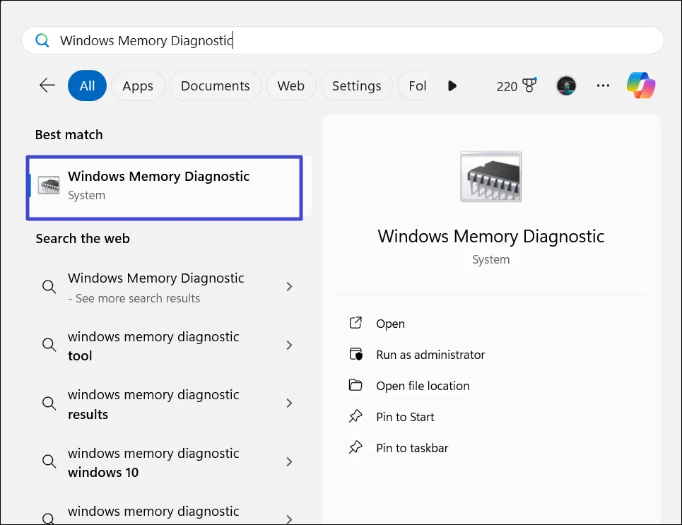 Откройте инструмент диагностики памяти Windows.