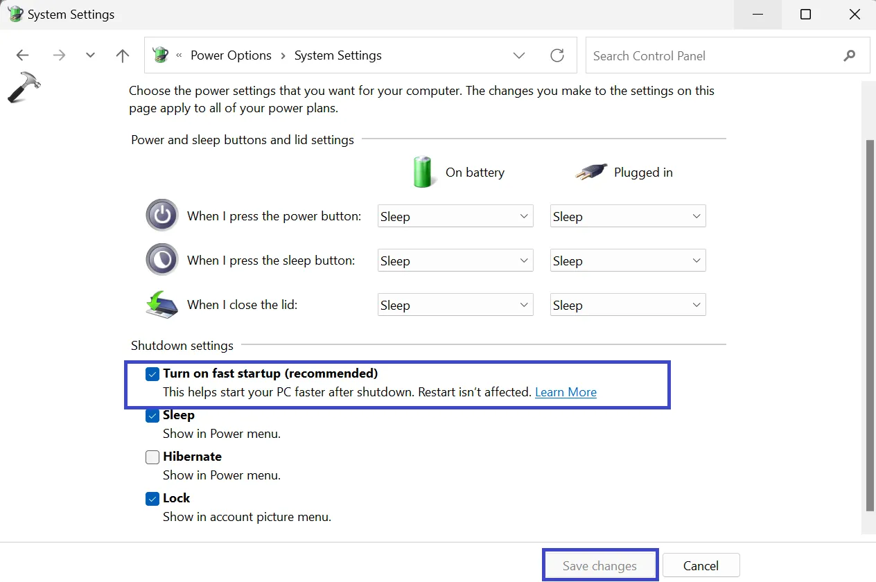 Исправлено: экран блокировки не работает в Windows 11 — снимите флажок быстрого запуска.