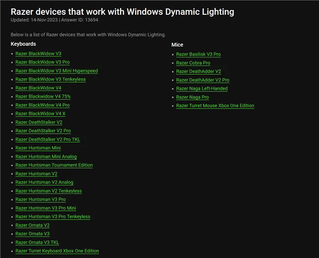 Список устройств Razer, поддерживающих динамическое освещение Windows