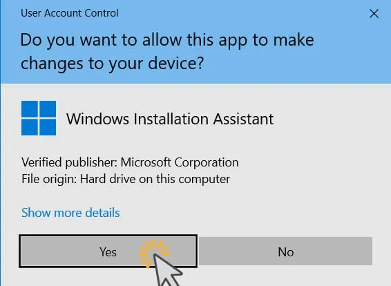 Подтвердите, что вы хотите запустить Помощник по установке Windows.