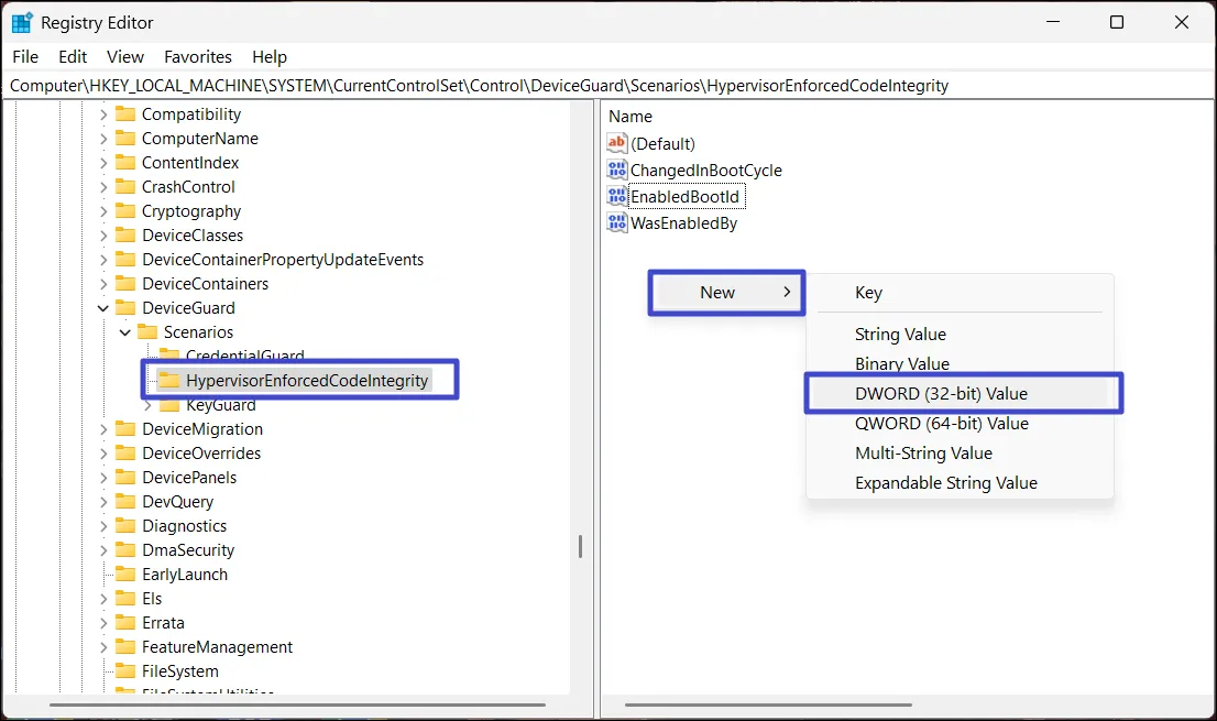 Щелкните правой кнопкой мыши HypervisorEnforcedCodeIntegrity и выберите DWORD.
