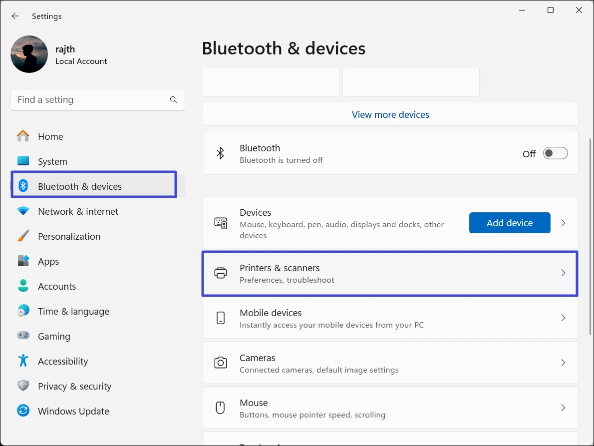 Bluetooth и устройства > Принтер и сканеры