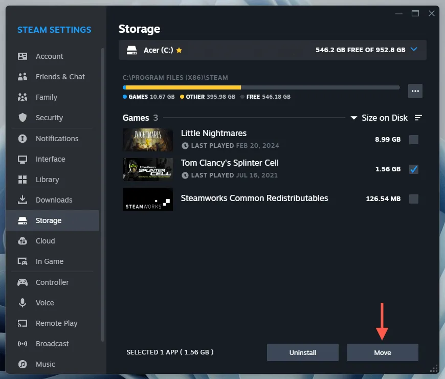 Опция «Переместить» выделена на экране «Хранилище» в настройках Steam.