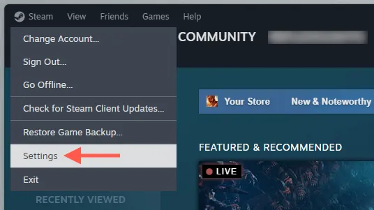 Меню Steam с выделенной опцией «Настройки».