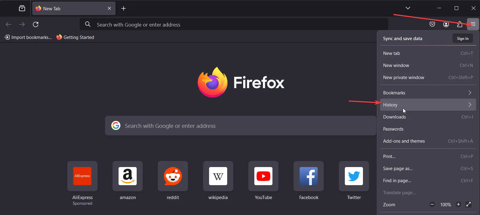 открыть историю Firefox