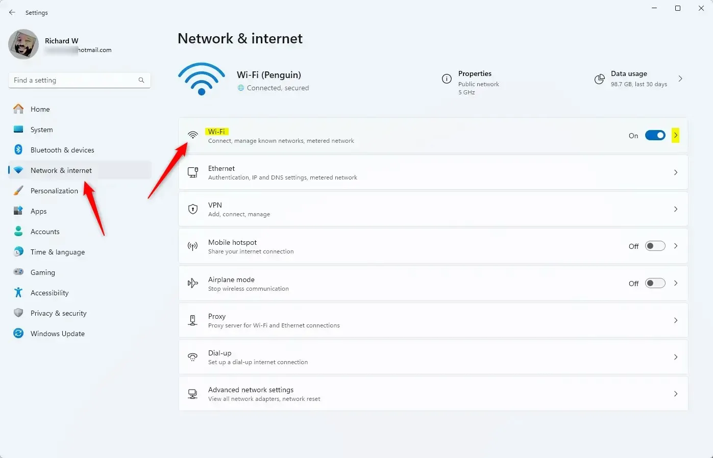 Плитка Wi-Fi в приложении «Настройки»