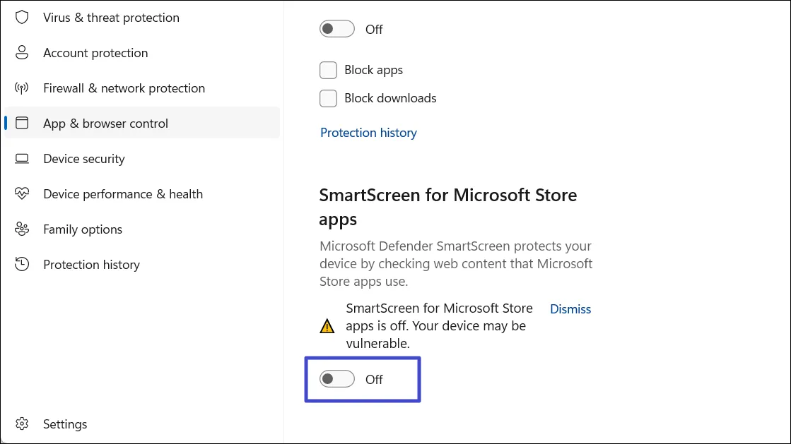 Отключите SmartScreen для приложений Microsoft Store.