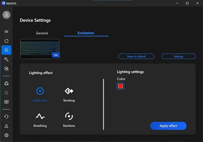 Подсветка RGB настраивается только из приложения MyASUS.