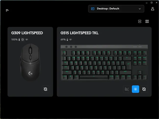 Панель управления программного обеспечения Logitech G Hub