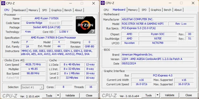 Характеристики AMD Ryzen 7 9700X в CPU-Z