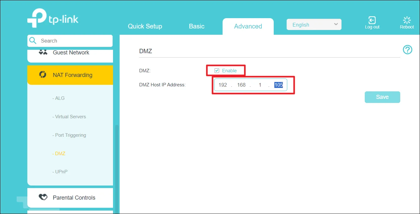 Включить DMZ