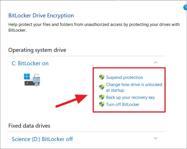 Параметры управления BitLocker